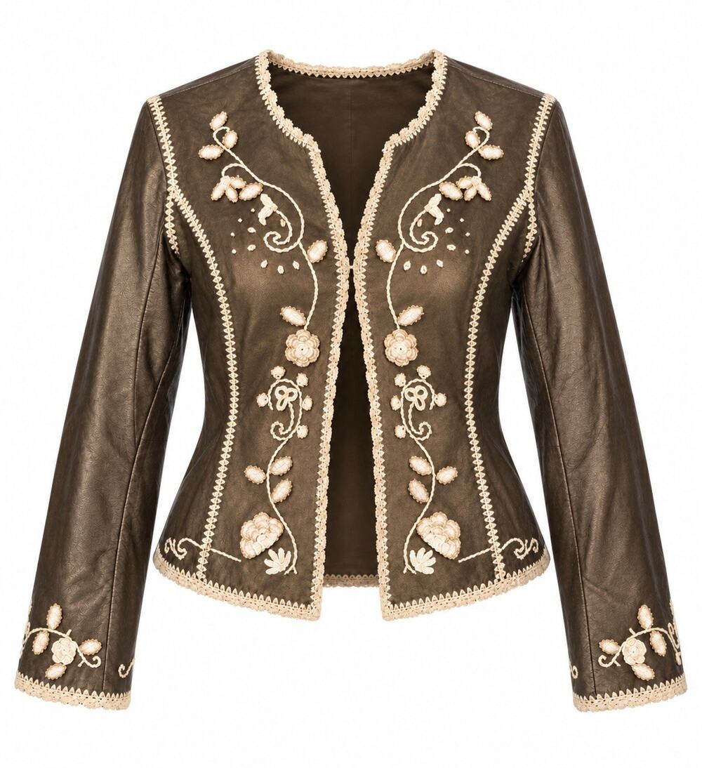 An Oscar de la Renta Company Leather Jacket 16 Embroidered Brown